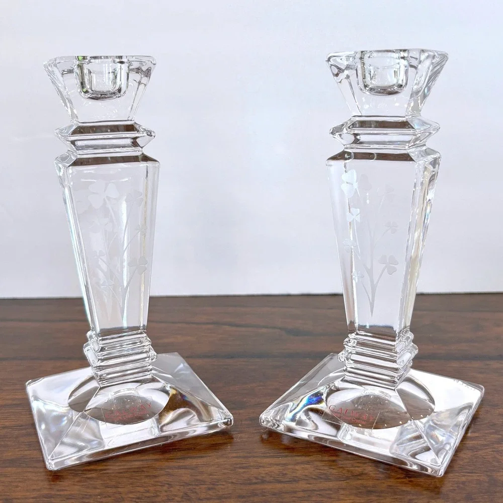 Pair Galway Irish 24% Lead Crystal Etched Shamrock CandleHolders Classic Elegant